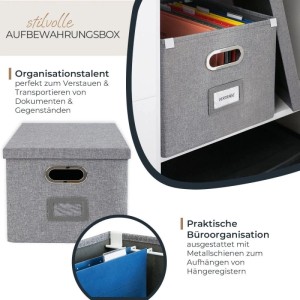 Graue HMF Aufbewahrungsbox mit Deckel für DIN A4 Hängeregister im Kallax Regal. Textilbezug, Metallgriff, Beschriftungsfeld.