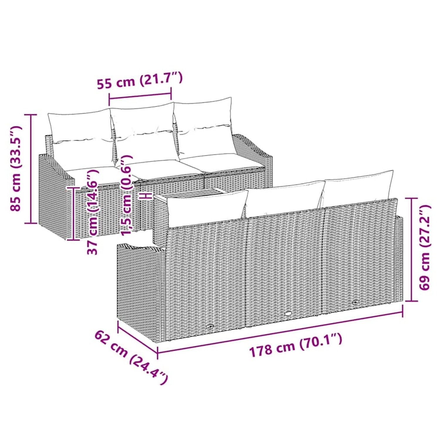 vidaXL Garten-Sofa-Set 7-tlg beige Poly Rattan, Maße