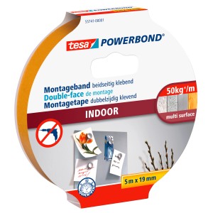Tesa Powerbond Montageband Indoor, 5m x 19mm, extra stark klebend für glatte & unebene Flächen.