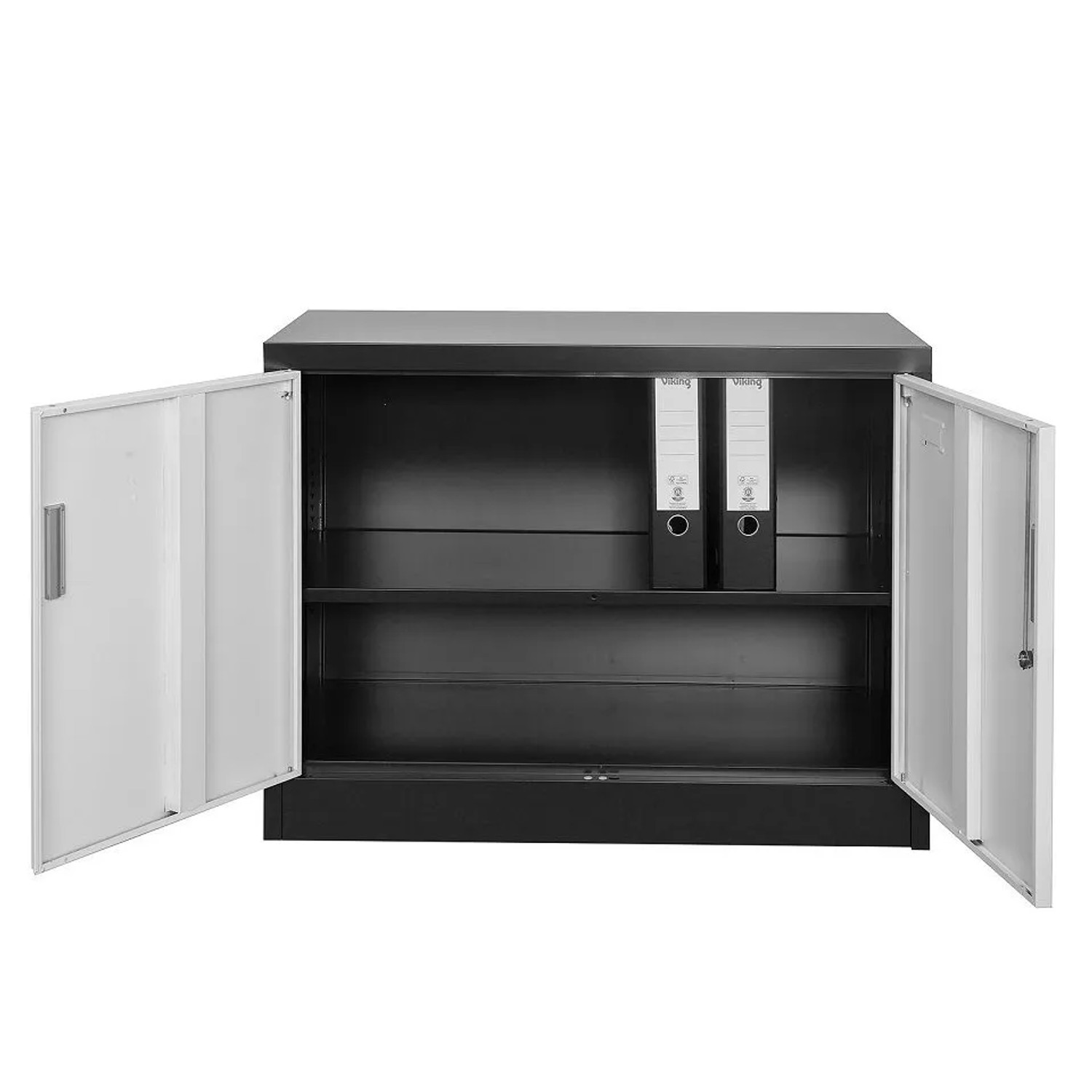 Offener, anthrazitfarbener Jet-Line Stahlschrank Saratow (68x40x90 cm) mit Regalboden.