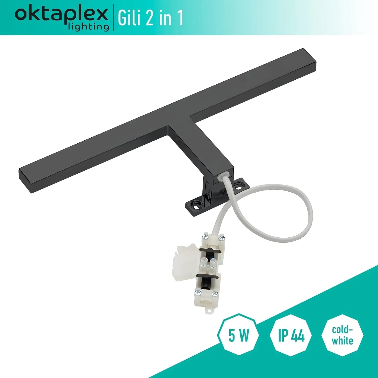 Schwarze Oktaplex LED Badspiegelleuchte, 5W, 30cm, Kaltweiß, IP44.