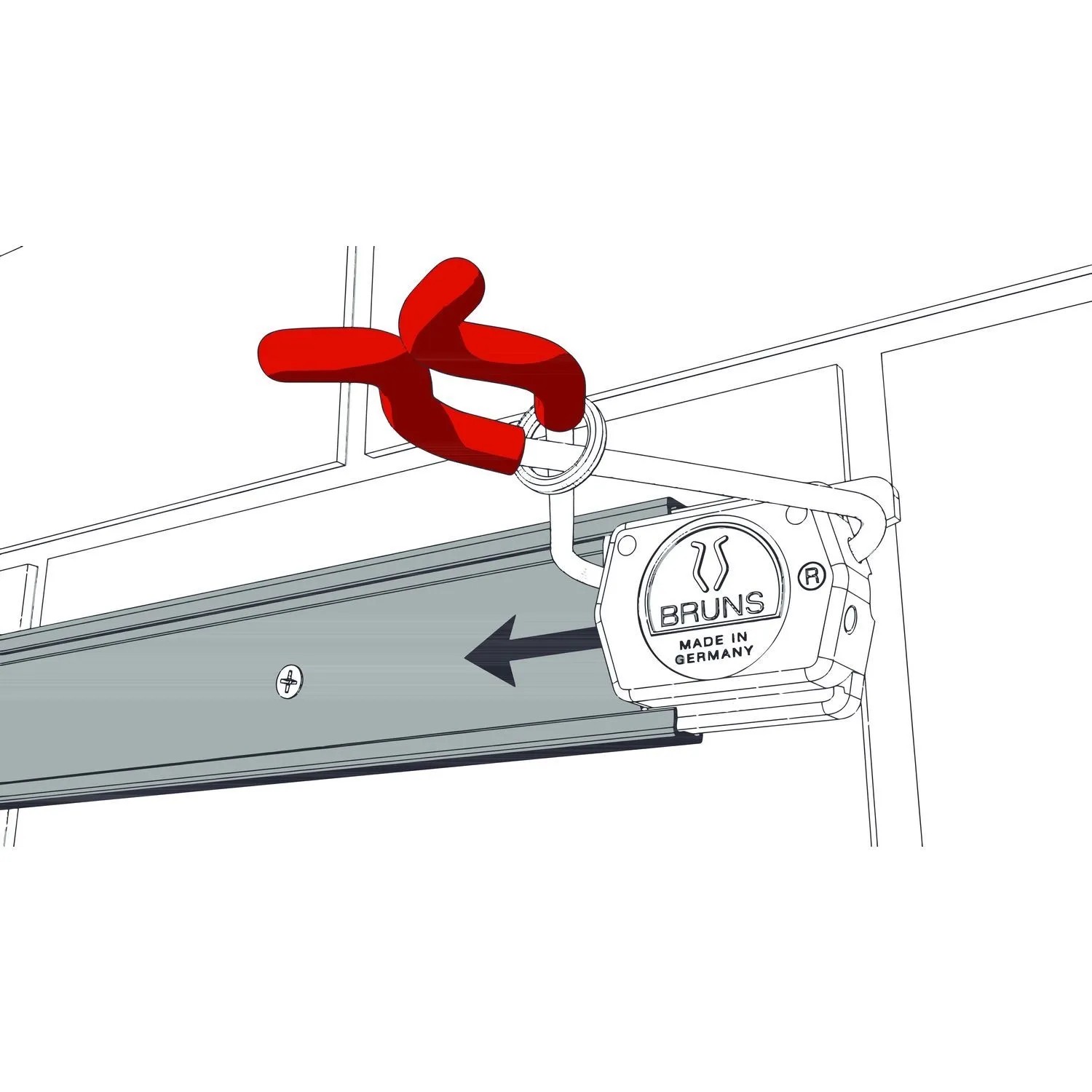 Bruns Gerätehalter mit rotem Haken auf grauer Schiene. Ordnungssystem für Werkstatt, Garage, Keller.