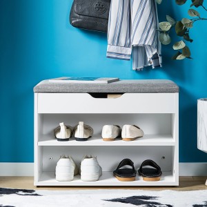 SoBuy Schuhbank FSR25-HG mit hellgrauer Sitzfläche und zwei Schuhablagen aus Holzwerkstoff.