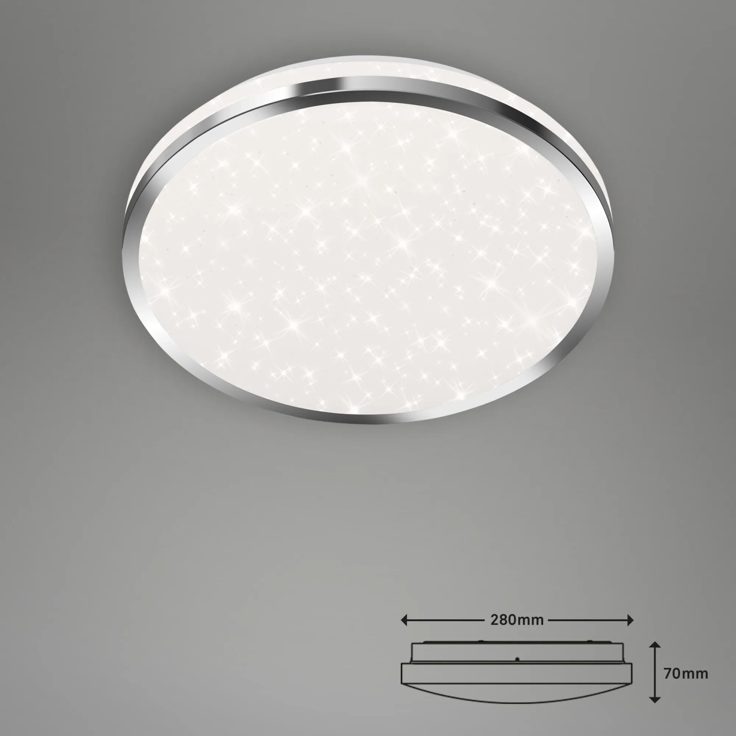Runde Briloner LED Bad-Deckenleuchte Acorus mit Sternenhimmel-Effekt und Spritzwasserschutz, silberfarben.