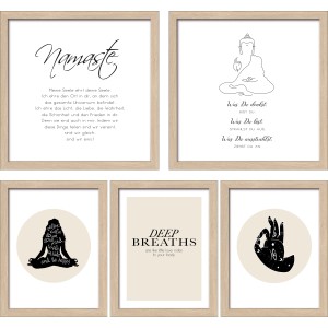 Pro Art Bilder Set Namaste III mit 5 gerahmten Bildern im Scandic-Style mit Buddha Motiven.