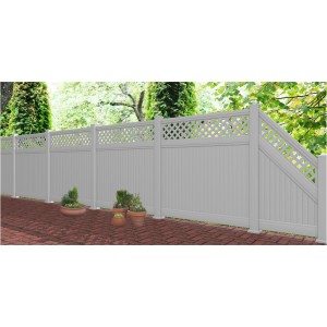 Weißes T&J Eldorado-Line Kunststoffzaun Grundelement 175x180cm mit Lattenmuster im Garten.