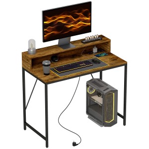 Rustikal-brauner Computertisch mit Monitoraufsatz und Stahlrahmen. Ideal für Homeoffice.