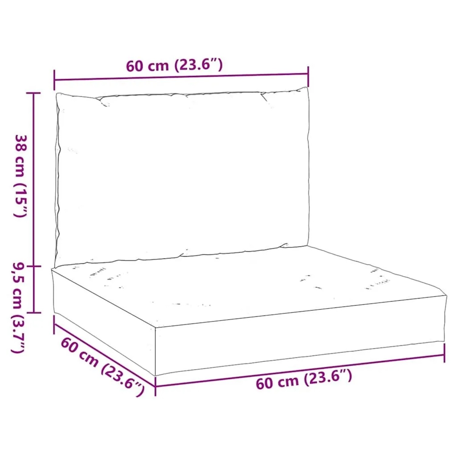 Maße des anthrazitfarbenen vidaXL Palettenkissen-Sets: Sitzkissen 60x60x9,5 cm, Rückenpolster 60x38x13 cm.