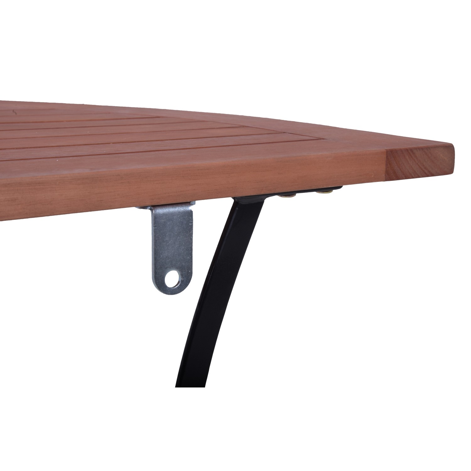 Detailansicht Gartentisch Wien, halbrunde Tischplatte aus Holz, braun-schwarz.