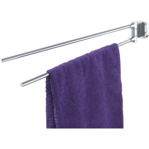 Tiger Handtuchhalter Ramos, 2-armig, Chrom mit lila Handtuch.