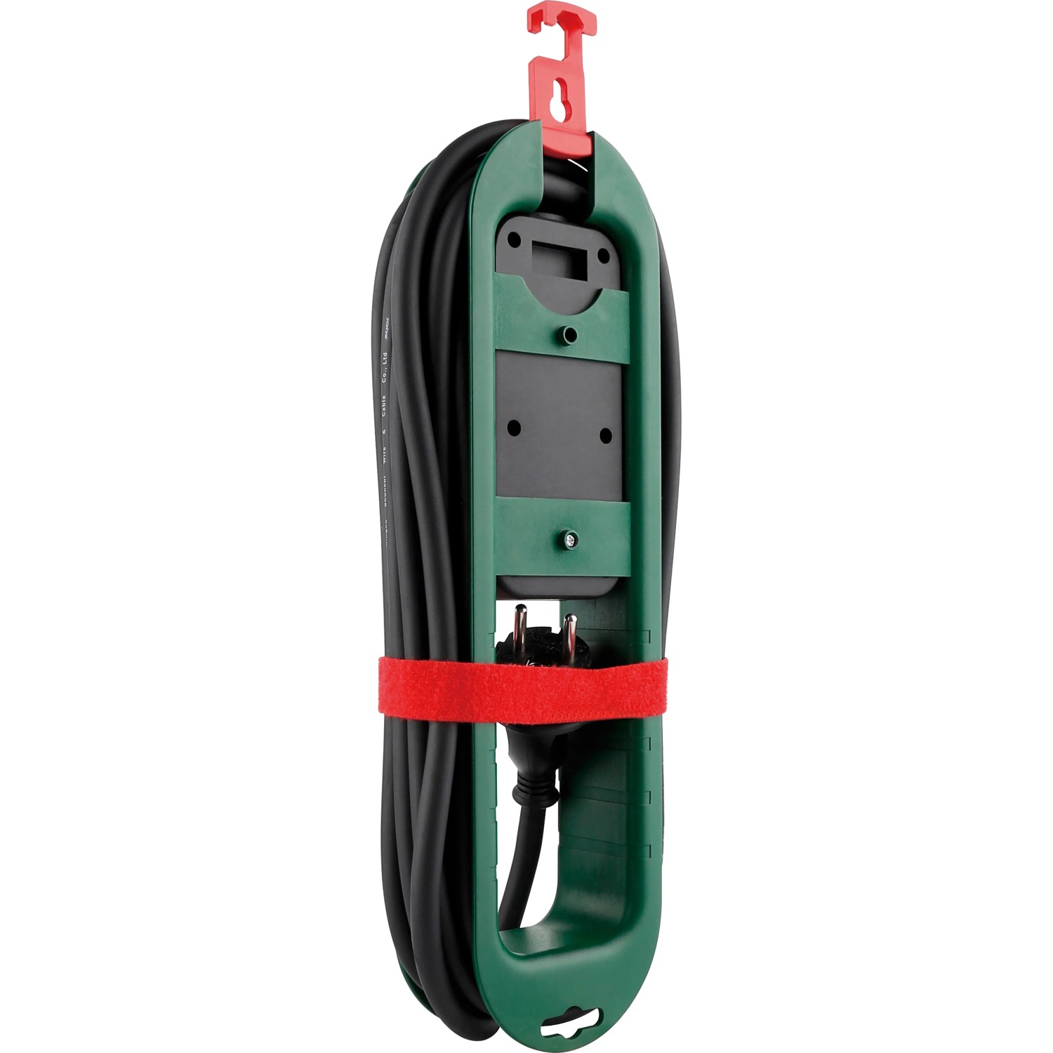 2-fach Steckdosenleiste IP44, grün-schwarz mit Kabelaufwicklung und rotem Klettband.
