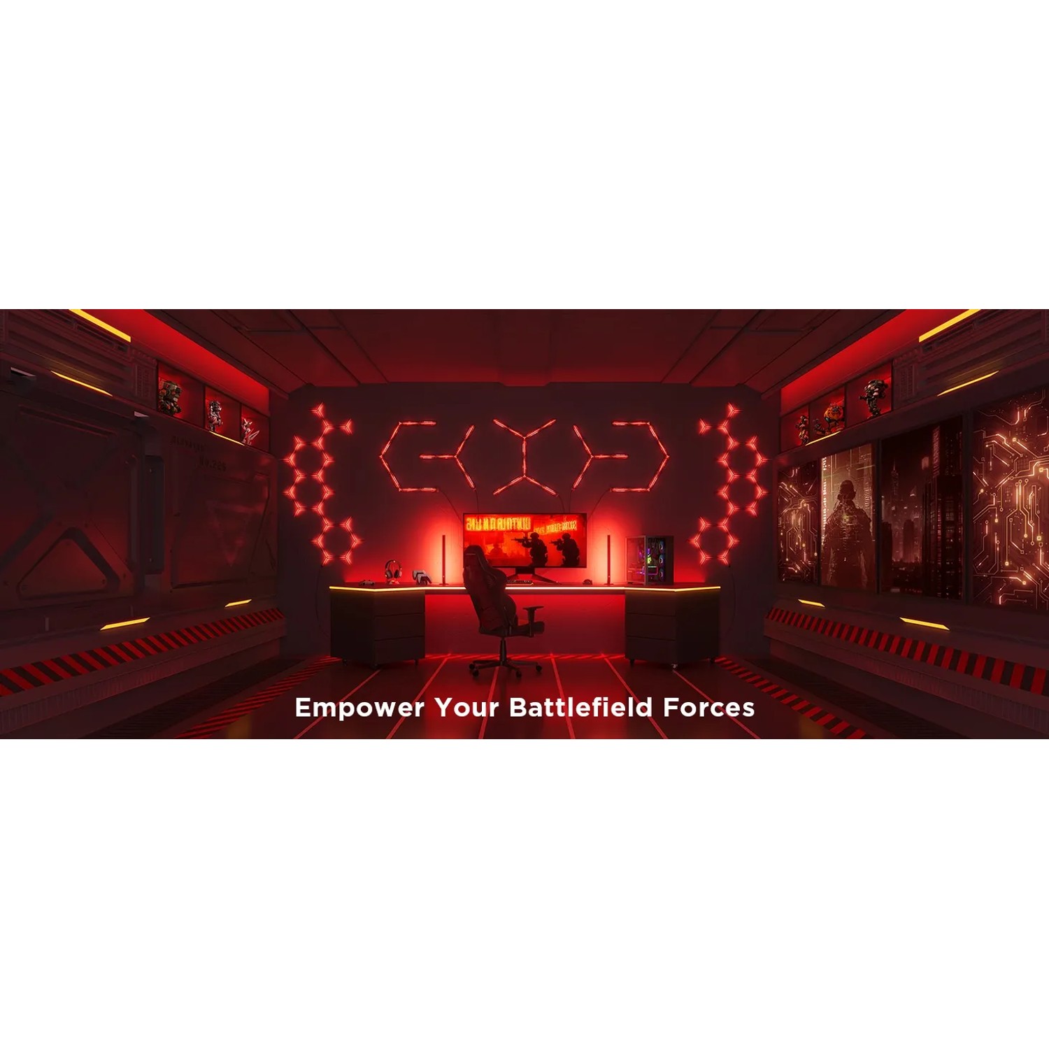 Gaming-Zimmer mit Govee Gaming-Wandleuchten H6063, die rot leuchten und eine futuristische Atmosphäre schaffen.
