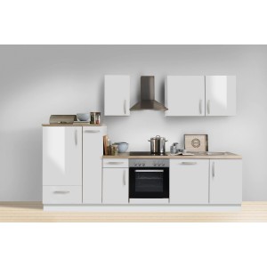 Moderne Menke Küchenzeile White Premium, 300 cm, Lack Weiß Hochglanz mit Asteiche Arbeitsplatte.