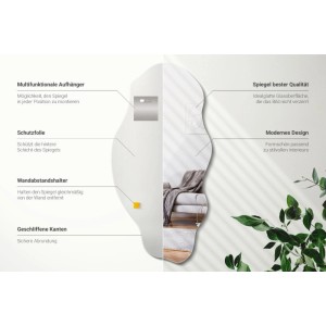 Wallfluent unförmiger Wandspiegel 45x90 cm, organisch. Zeigt Montagezubehör und Reflexion eines modernen Wohnzimmers.