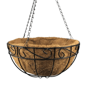 Dekorative, schwarze Hängeampel (Ø 25cm) mit Kokoseinsatz und Metallketten für Balkon und Garten.