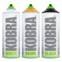 Drei Kobra LP Buntlack Spraydosen 400ml in Weiß, Orange und Schwarz.