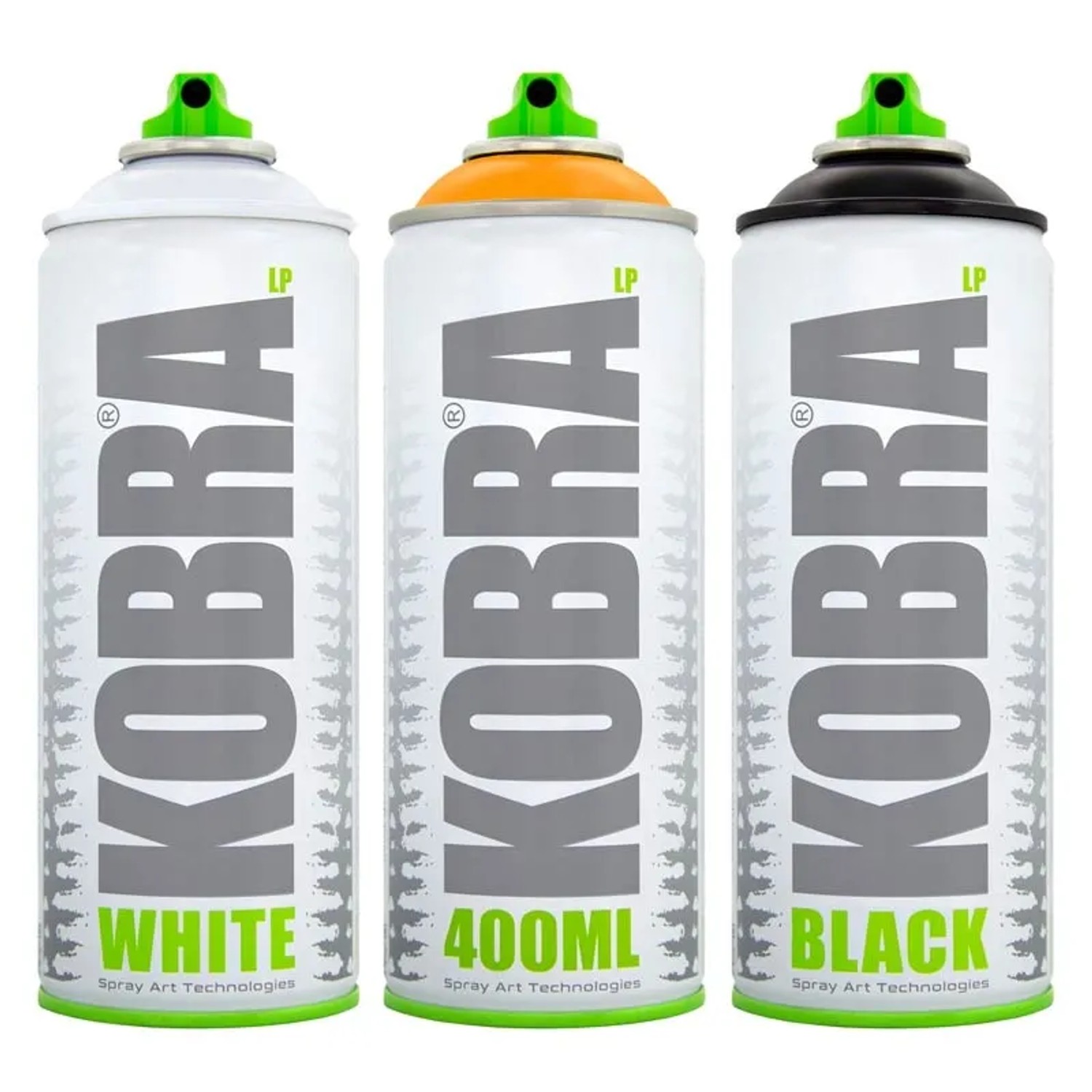 Drei Kobra LP Buntlack Spraydosen 400ml in Weiß, Orange und Schwarz.