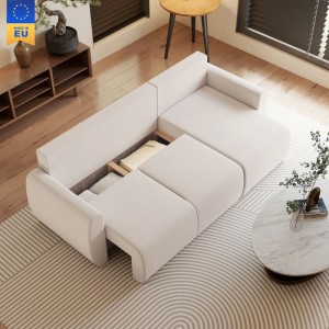 Cremeweißes L-förmiges Schlafsofa mit Veloursbezug, ausziehbarem Bett und Staufach im modernen Wohnzimmer.