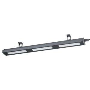 LUXULA LED Hallenstrahler, 150W, neutralweiß, IP65, mit drei Leuchtflächen und grauer Halterung.