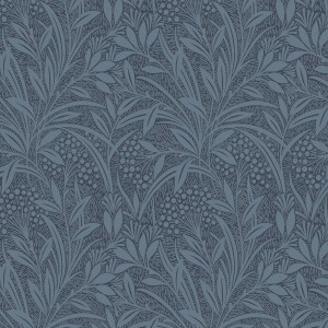 Laura Ashley Vliestapete Barley Dusky Seaspray mit floralem Muster in blau-grau.