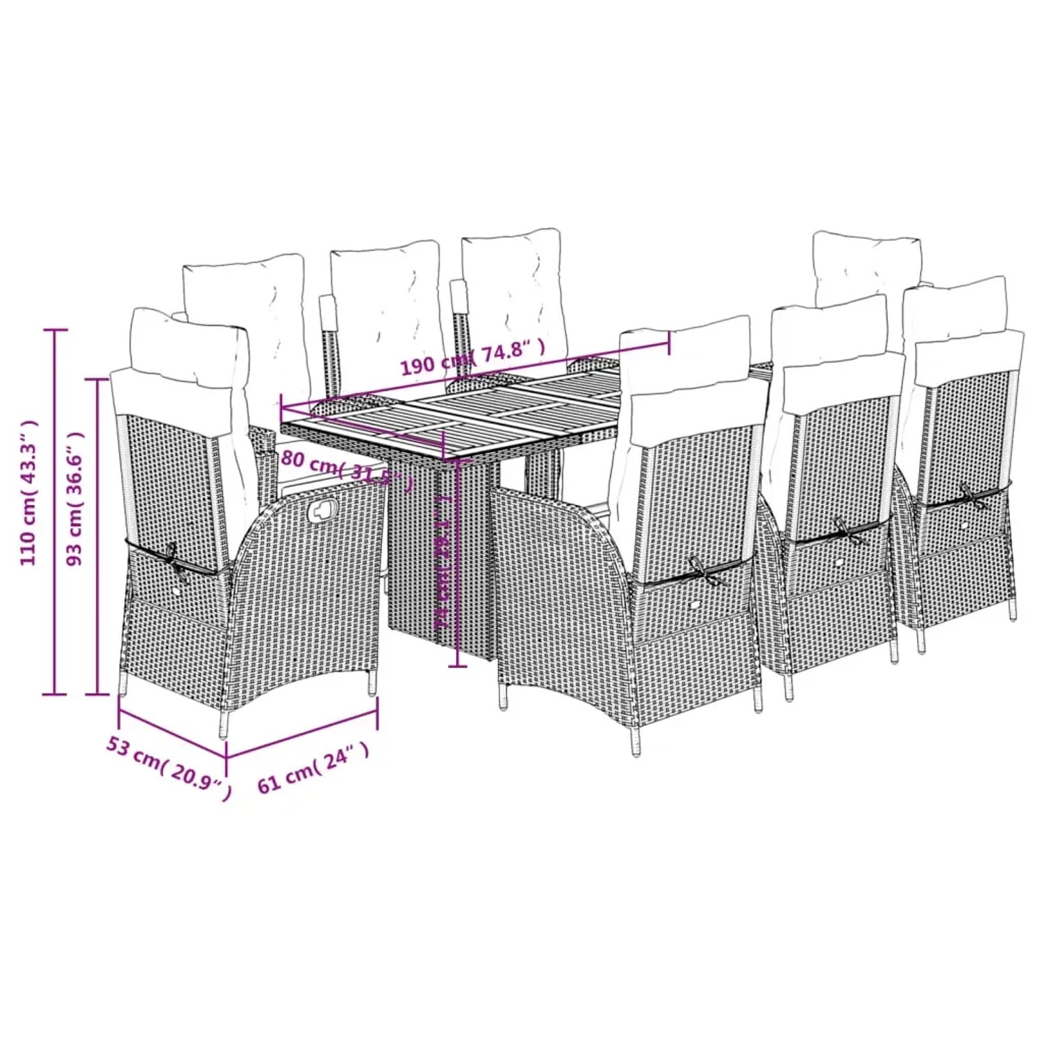 Graue 9-teilige vidaXL Garten-Essgruppe aus Polyrattan mit Tisch und Stühlen mit Kissen.