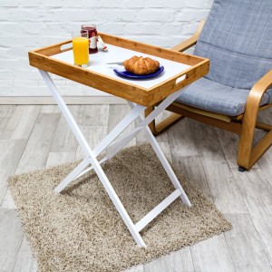 Relaxdays Tabletttisch Holz Bambus Natur Weiß Abnehmbar Zusammenklappbar 72 cm x 60 cm x 40 cm