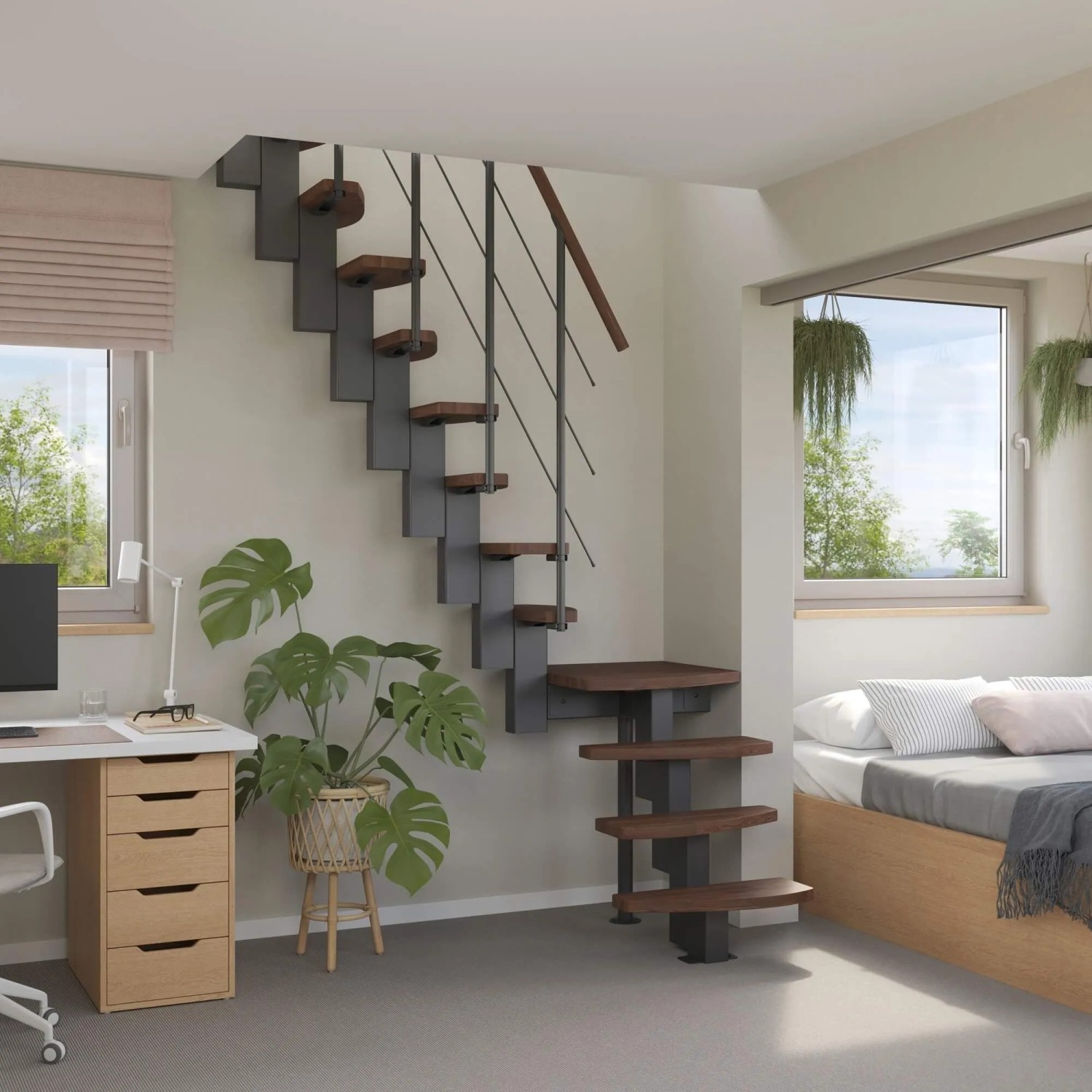 Treppen Intercon Raumspartreppe Quadro Mittelholmtreppe 13 Stufen Buche Dunkel Walnuss Massiv Metallfarbe Brillant-Schwa...