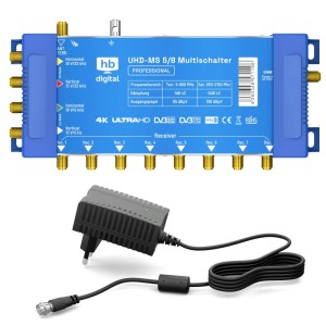 Blauer hb-digital UHD-MS 5/8 Multischalter mit 8 Receiver-Anschlüssen und Netzteil für SAT Anlagen.