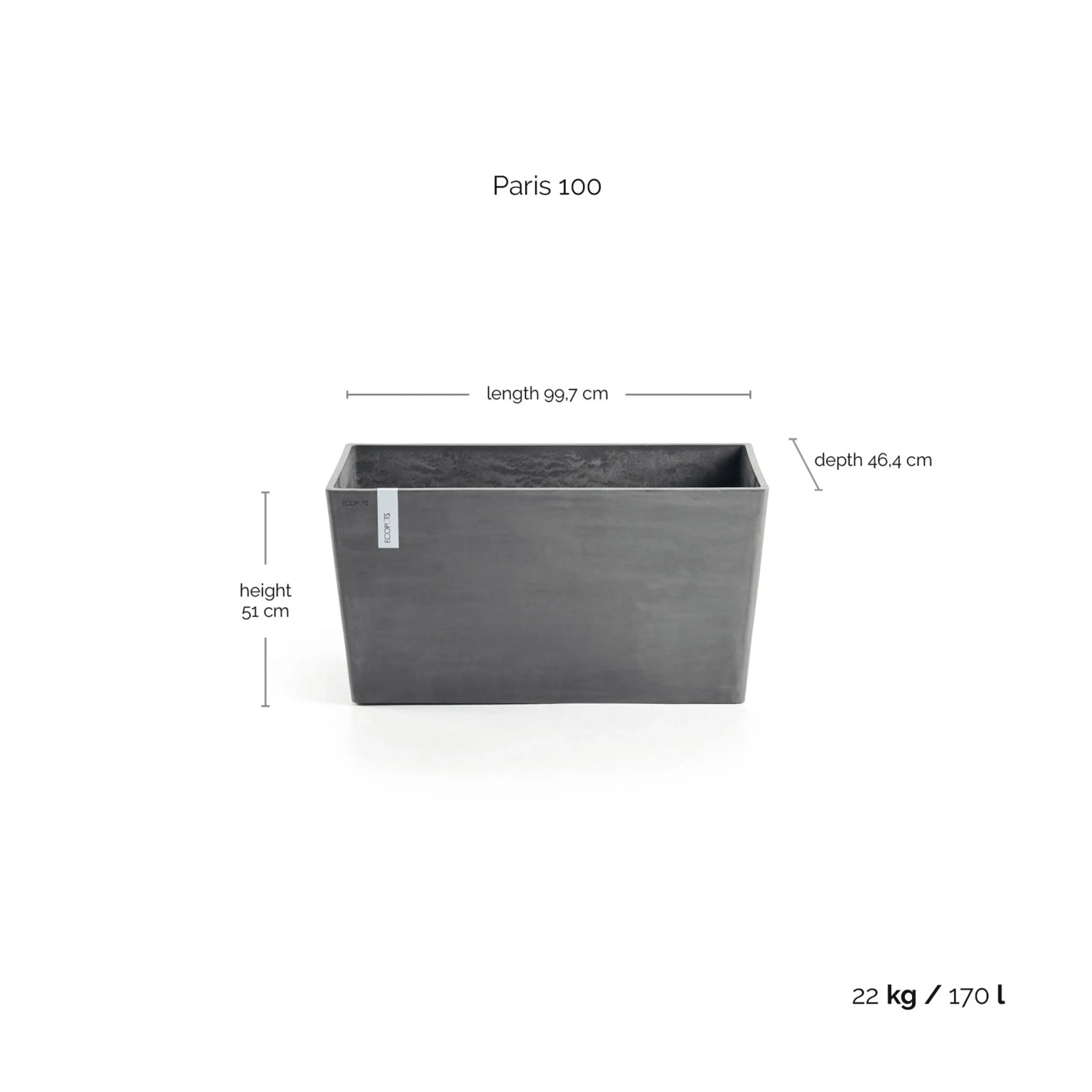 Ecopots Pflanztopf Paris, grau, 50x99x46cm. Rechteckiger Pflanzkübel für Garten und Terrasse.