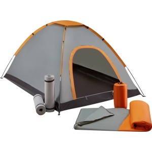 5-teiliges Festival-Set: Grau-oranges Zelt, Schlafsäcke und Isomatten für Camping & Outdoor.