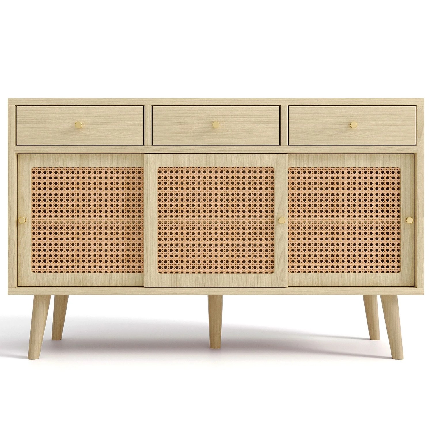 Merax Sideboard 120x40x78 cm Eiche Rattan 3 Schubladen 3 Schiebetüren