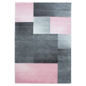 Moderner Kurzflorteppich Lucca in Pink und Grau, geometrisches Blockmuster. Pflegeleichter, robuster Teppich.