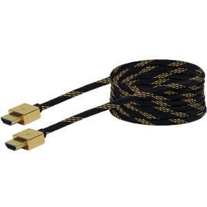 Schwaiger HDMI-Kabel Slimline, 2,5 m, High-Speed, vergoldete Stecker, schwarz-goldenes Kabel.