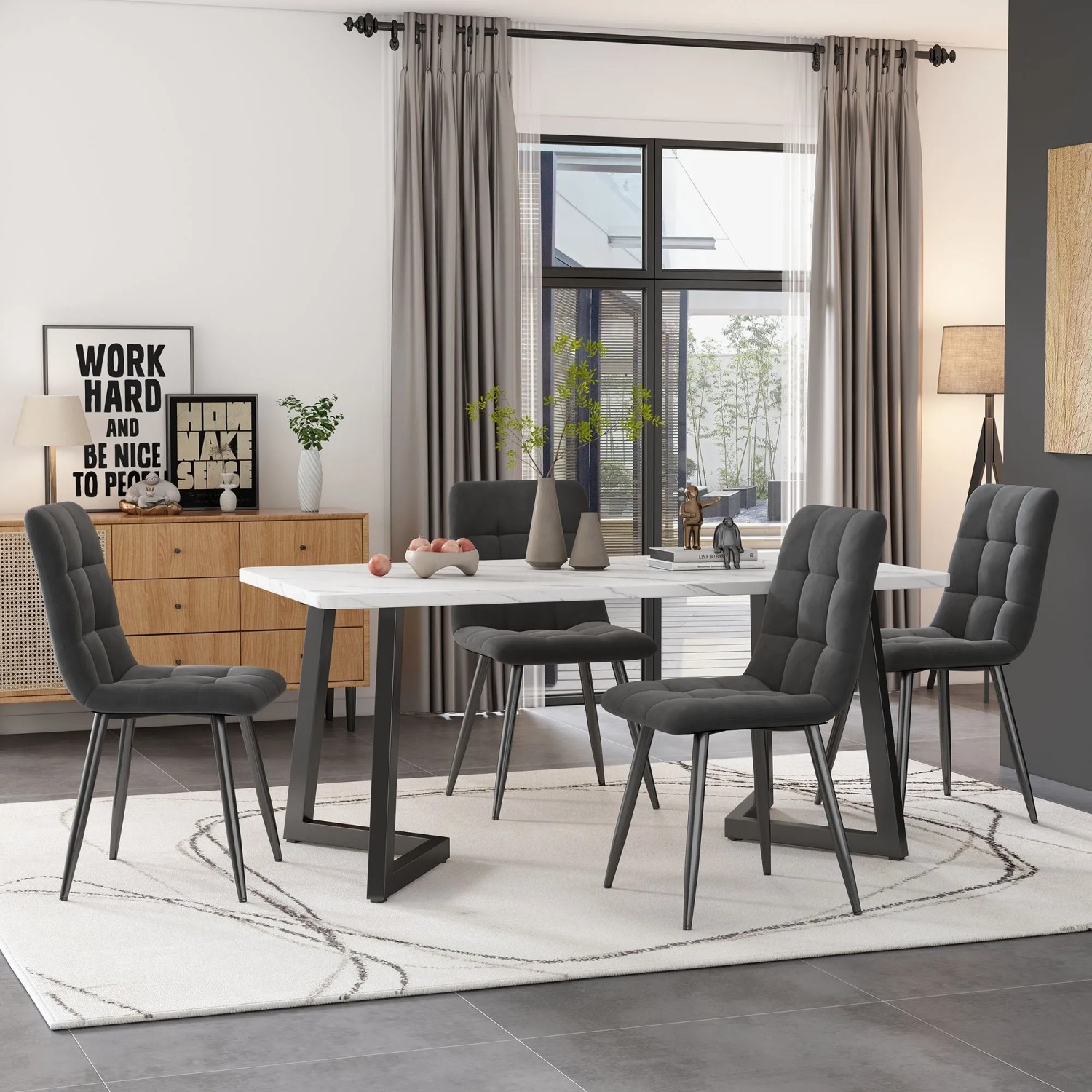 Merax Essgruppe 5-tlg mit 117cm Esstisch  4 Samtstühle Dunkelgrau  Tischbeine Schwarz_2