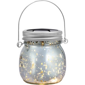 Silberne LED Solar-Dekoleuchte aus Glas mit Henkel, Ø 8 cm.