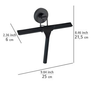 Schwarzer Wenko Duschabzieher Vacuum-Loc mit Halterung und Maßangaben.