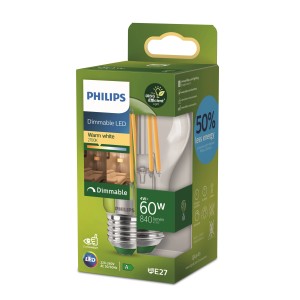 Philips LED-Lampe E27, 4W, Glühlampenform, klar. Dimmbar, warmweißes Licht.