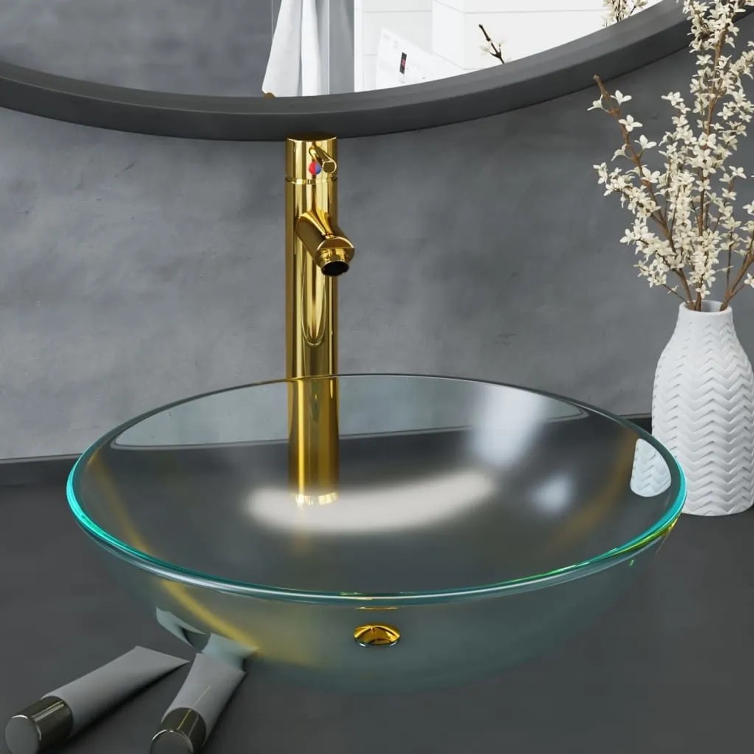 vidaXL Waschbecken-Set mit goldenem Wasserhahn und Ablaufgarnitur aus Glas.