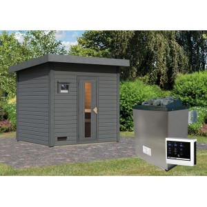 Karibu Saunahaus Arvi 3 Set in Terragrau mit Ofen, externer Steuerung und Saunasteinen.