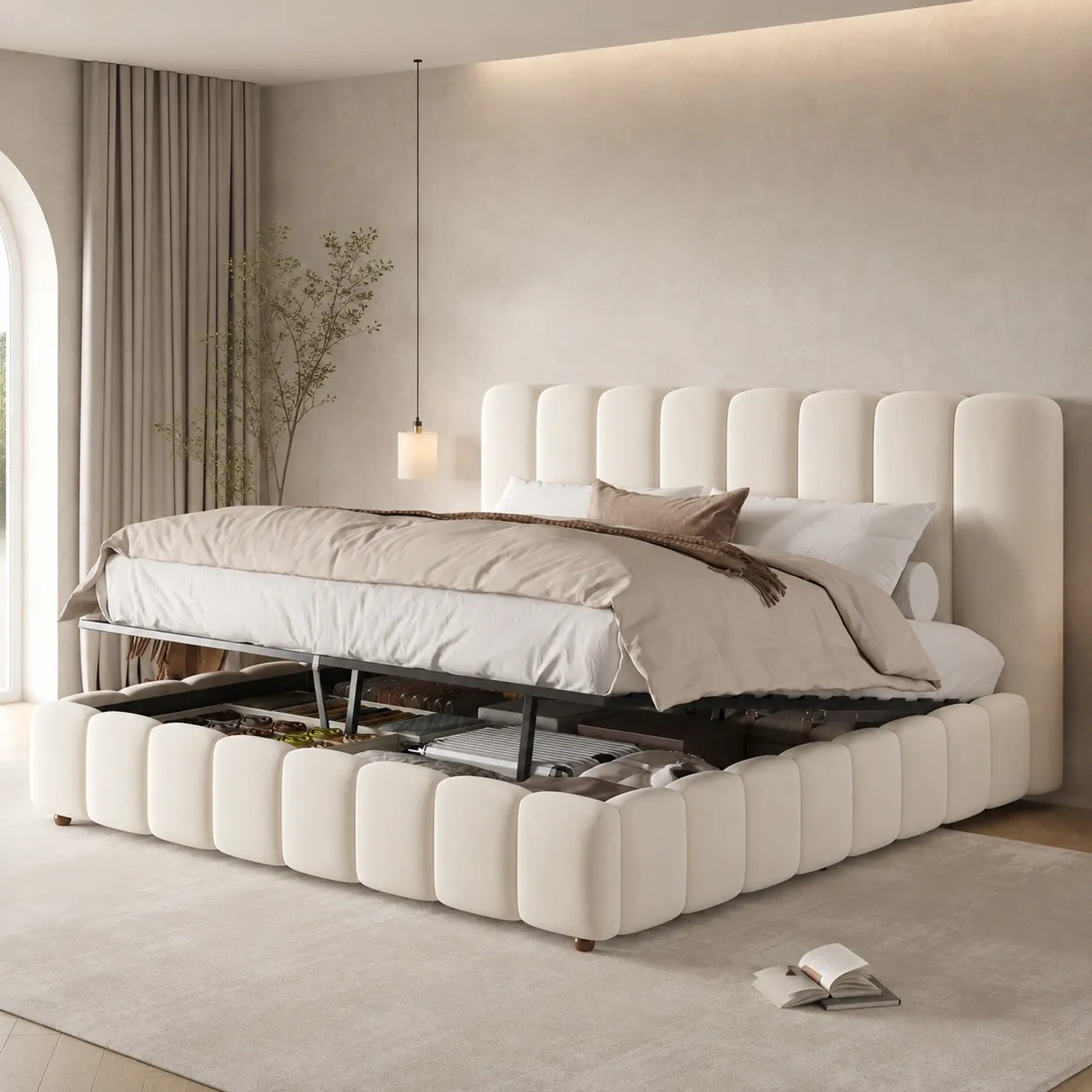 Merax Polsterbett 180 x 200 cm mit Stauraum Lattenrost Samt Beige