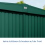 Detailansicht: Moosgrünes Ecostar Gerätehaus Trend mit Satteldach und Einzeltür.