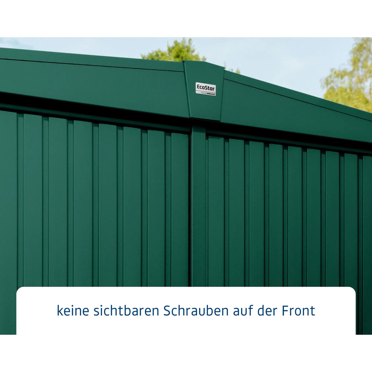 Detailansicht: Moosgrünes Ecostar Gerätehaus Trend mit Satteldach und Einzeltür.