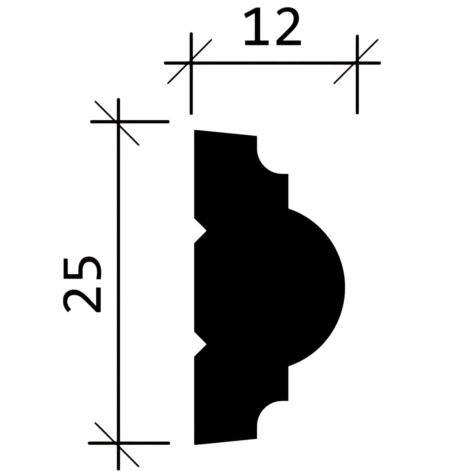 Profil-Querschnitt der weißen PROFHOME Stuckleiste (2,5x1,2cm).
