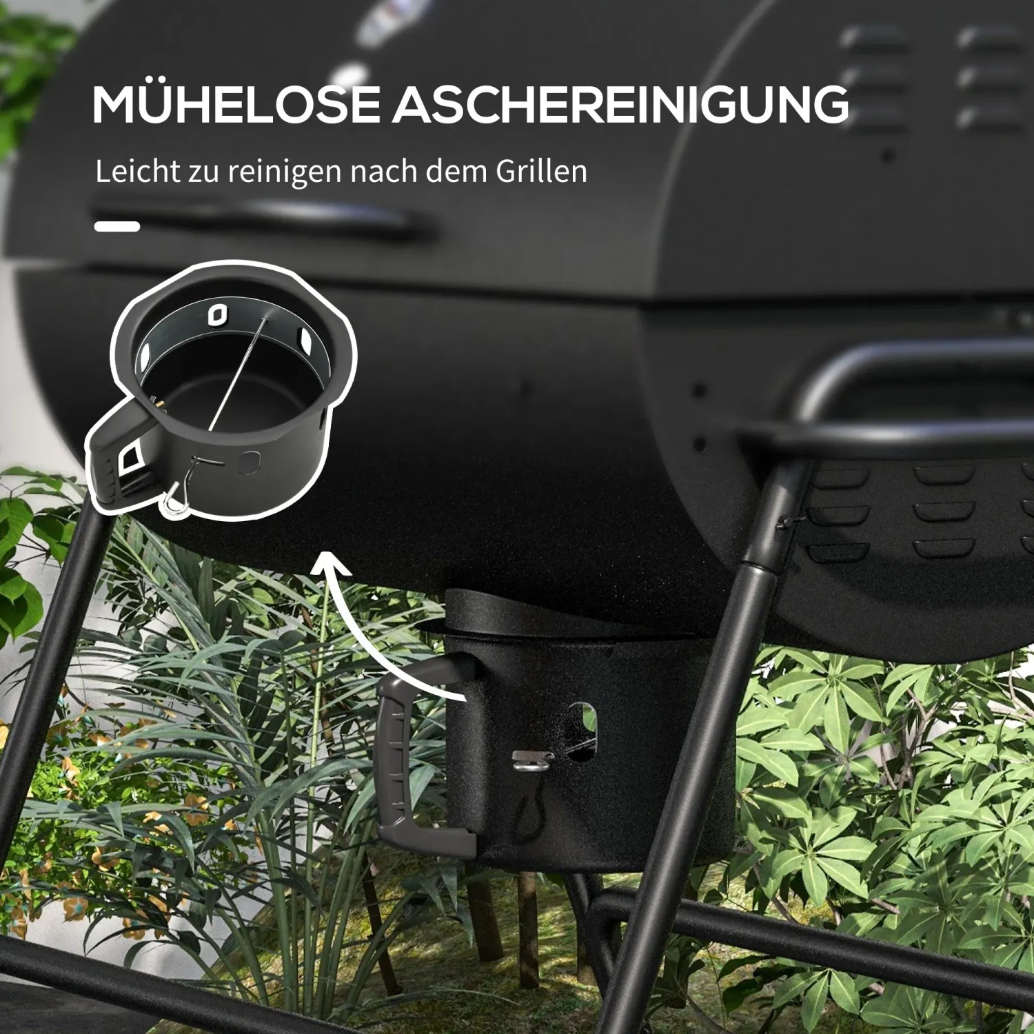 Detailaufnahme: Aschebehälter des schwarzen Outsunny Holzkohlegrills für einfache Reinigung.