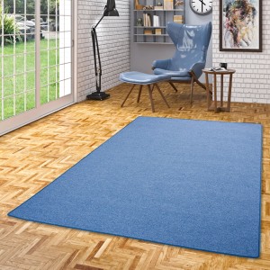 Blauer Snapstyle Feinschlingen Velour Teppich Strong, 200x200cm, im Raum.