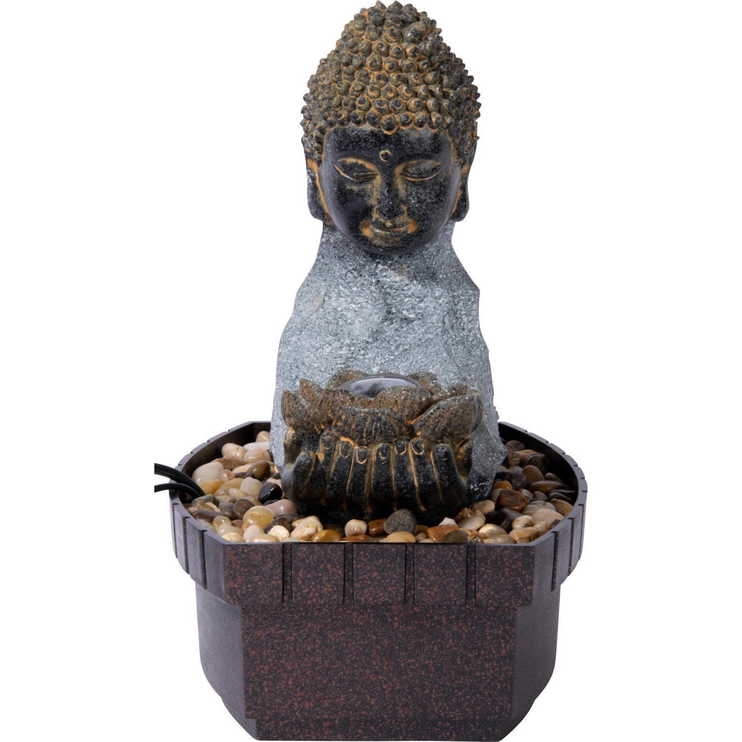 Dobar Zimmerbrunnen Buddha mit Lotusblüte in Steinoptik und Deko-Steinen.
