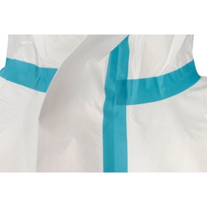Detailansicht: Weißer OX-ON Schutzanzug Protect Coverall Comfort mit blauen Streifen.