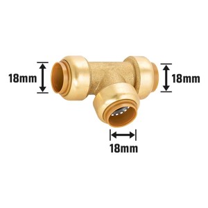 Steck-T-Stück Ø 18 mm aus Messing für Wasser- und Heizungsinstallationen.