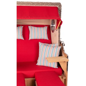 Komplettset: Grauer bene living Strandkorb Ammersee aus Teak mit Bullauge und roter Polsterung.