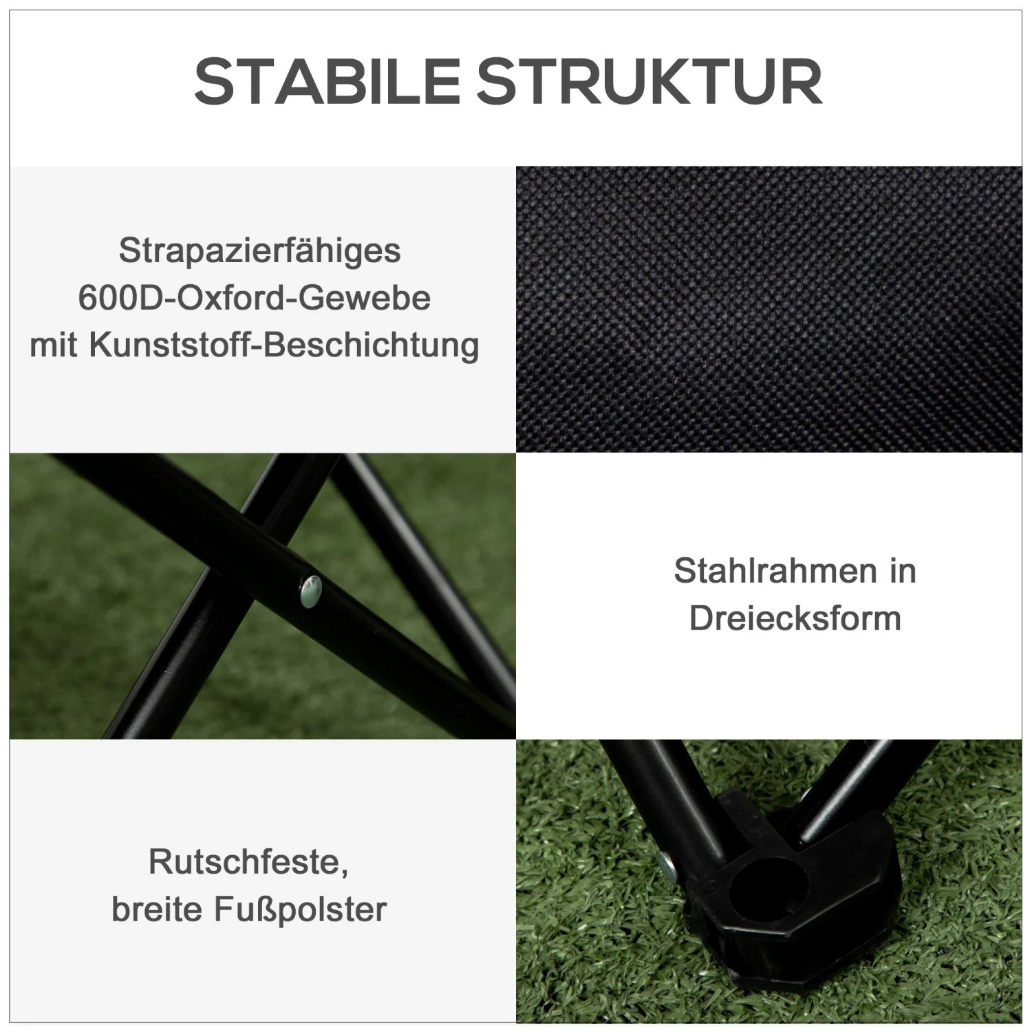 Detailansicht: Outsunny Campingstuhl mit Stahlrahmen, Oxfordstoff und rutschfesten Fußpolstern.
